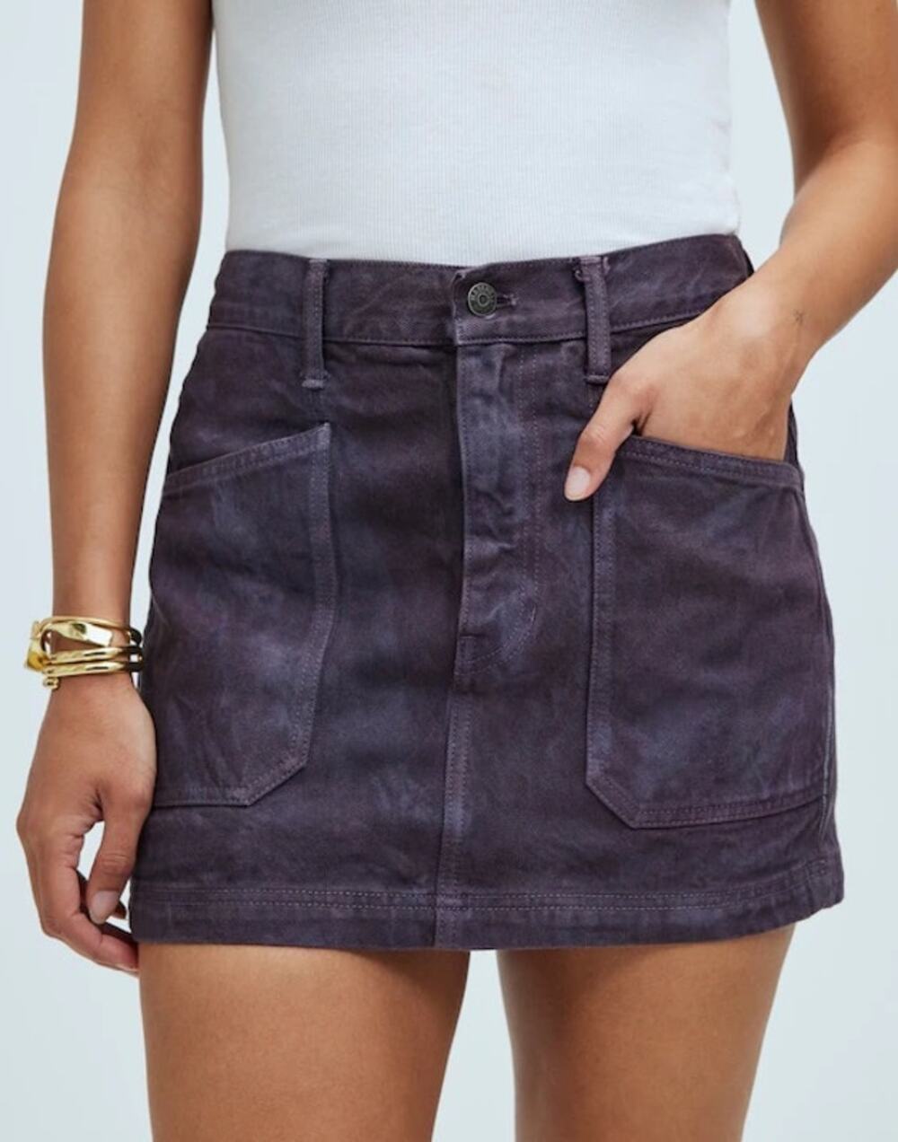 Madewell x MN Dye Studio Denim Patch-Pocket Micro Mini Skirt Chalked Fig Size 24